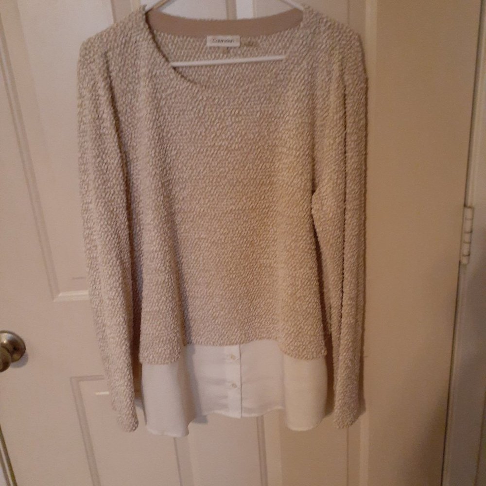 **SOLD**Calvin Klein Long Sleeve Size Large, tan and white with faux shirt